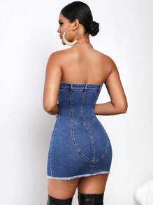 SHEIN SXY Vestido Vaquero Palabra De Honor Con Volantes - Azul lavado oscuro - Ver 3