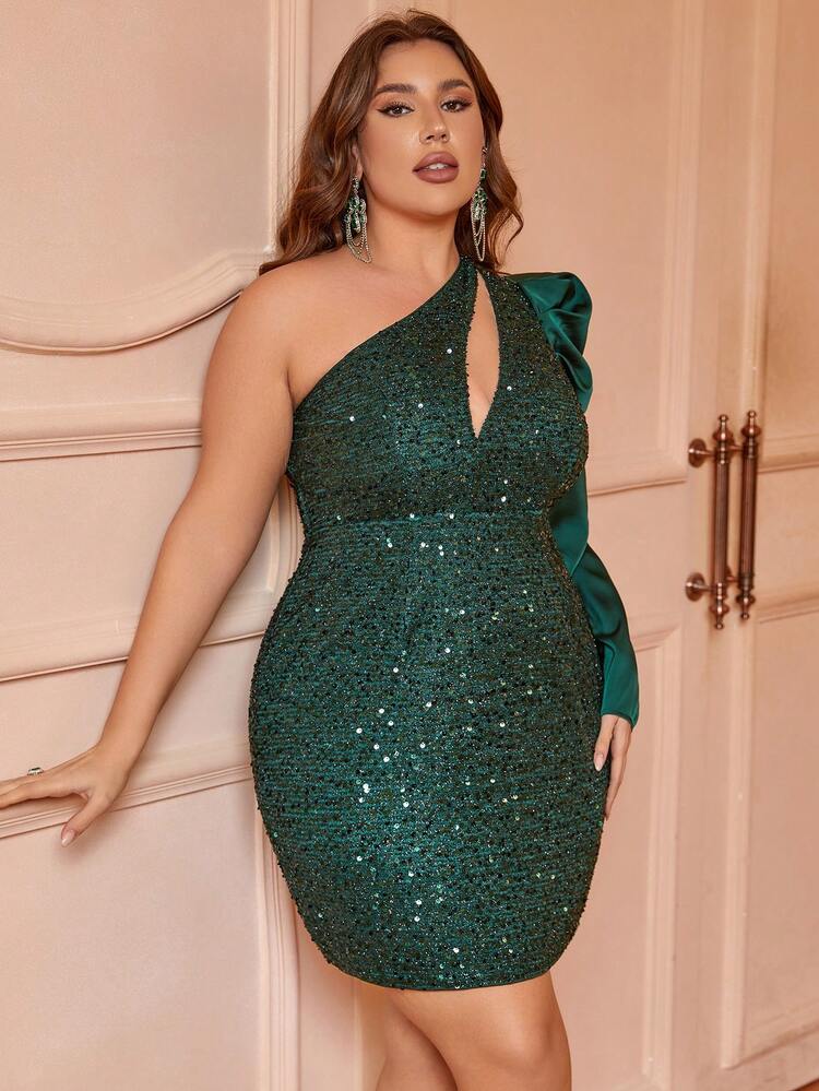 Asymmetrical One Shoulder Long Sleeve Hollow Out Dress With Beadwork Detail For Elegant Party, Plus Size