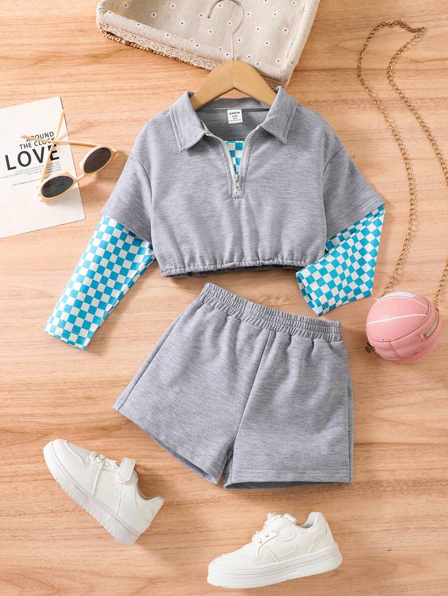 SHEIN 女小童棋盤格半拉鏈落肩袖假兩入組T恤&短褲 - 灰色 - 查看 1