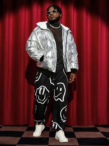 Manfinity VCAY Oversized Men Plus Size Silver Metallic Zip-Up Hooded Padded Coat