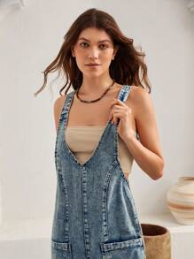 Bohemela Dual Pocket Denim Overalls Without Tube Top - Blue - View 8