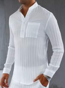 Manfinity Homme Men's Buttoned Half Placket Long Sleeve Top And Trousers Suit, Men's Co-Ord Set, Men White Outfits, Men's Summer Outfit, Fall Clothes - White - View 7