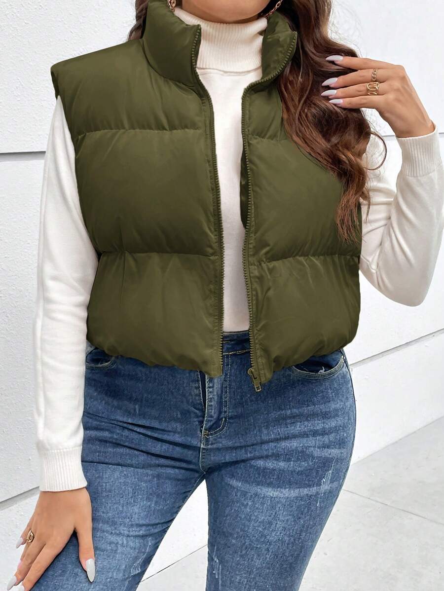 SHEIN Essnce Plus Zip Up Puffer Vest Coat - Army Green - View 1