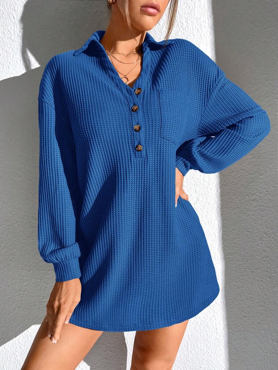 SHEIN Essnce Nút Nửa Thả vai Vá Túi Váy dệt kim waffle - Xanh đậm - Xem 1