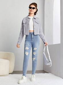 SHEIN 青少年女孩字母和車圖案牛仔夾克 - 灰色 - 查看 3