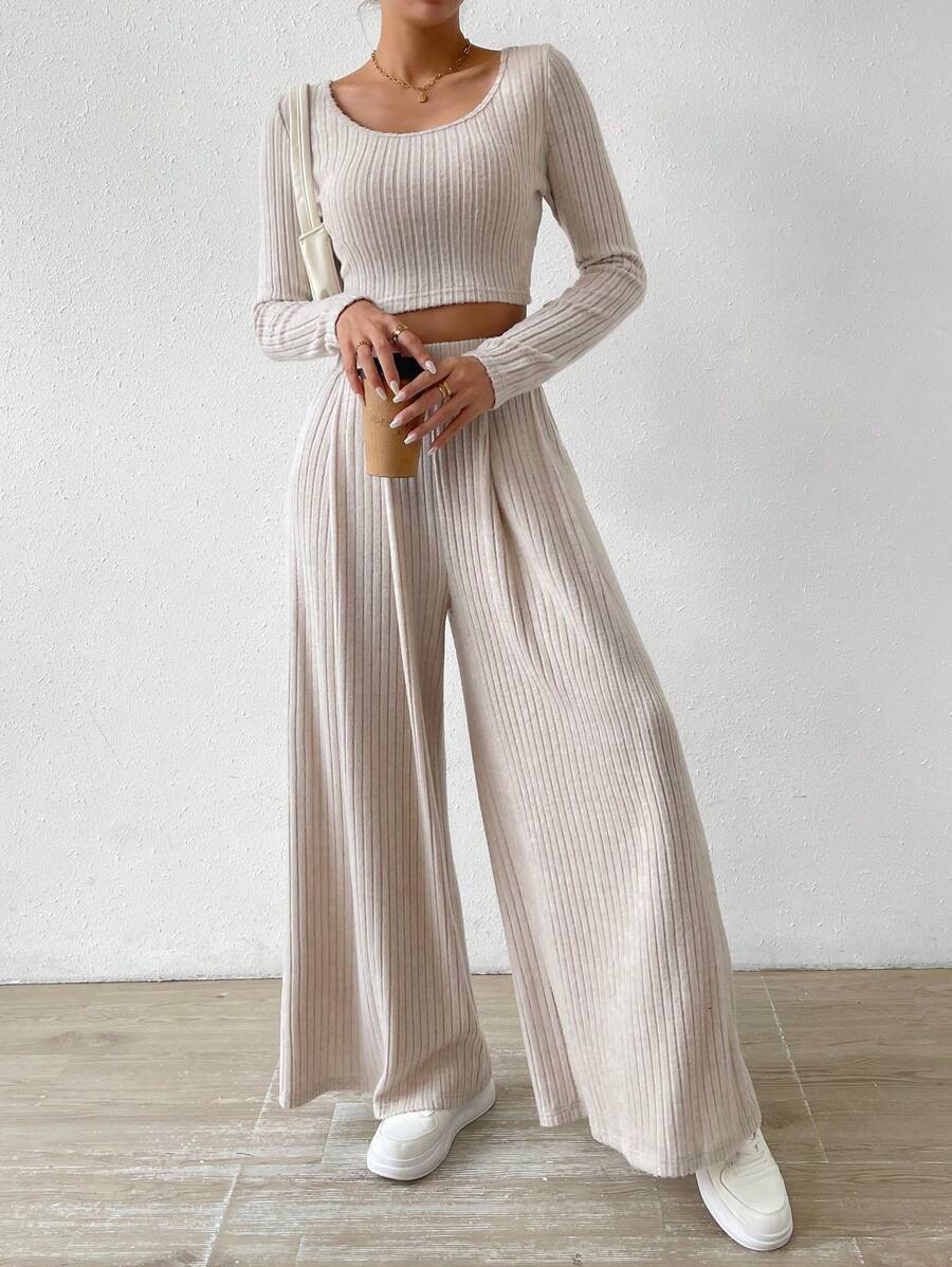 Chiquease Scoop Neck Crop Tee & Wide Leg Pants Fall Cloth For Women - Apricot - View 1