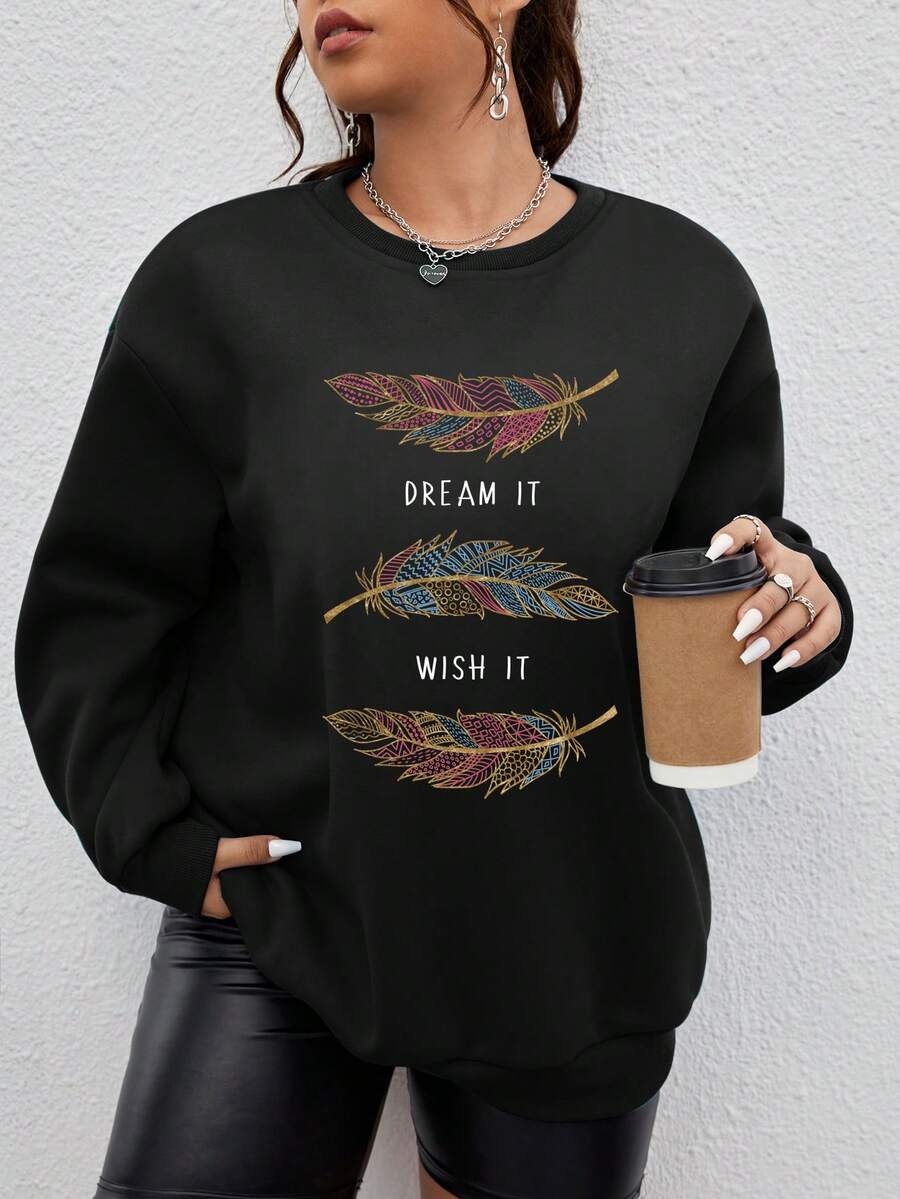 Calvaya Plus Feather & Letter Graphic Drop Shoulder Sweatshirt - Black - View 1
