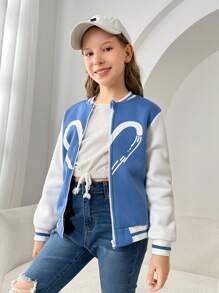 SHEIN Tween Girl Heart Print Two Tone Striped Trim Zipper Up Jacket - Multicolor - View 3