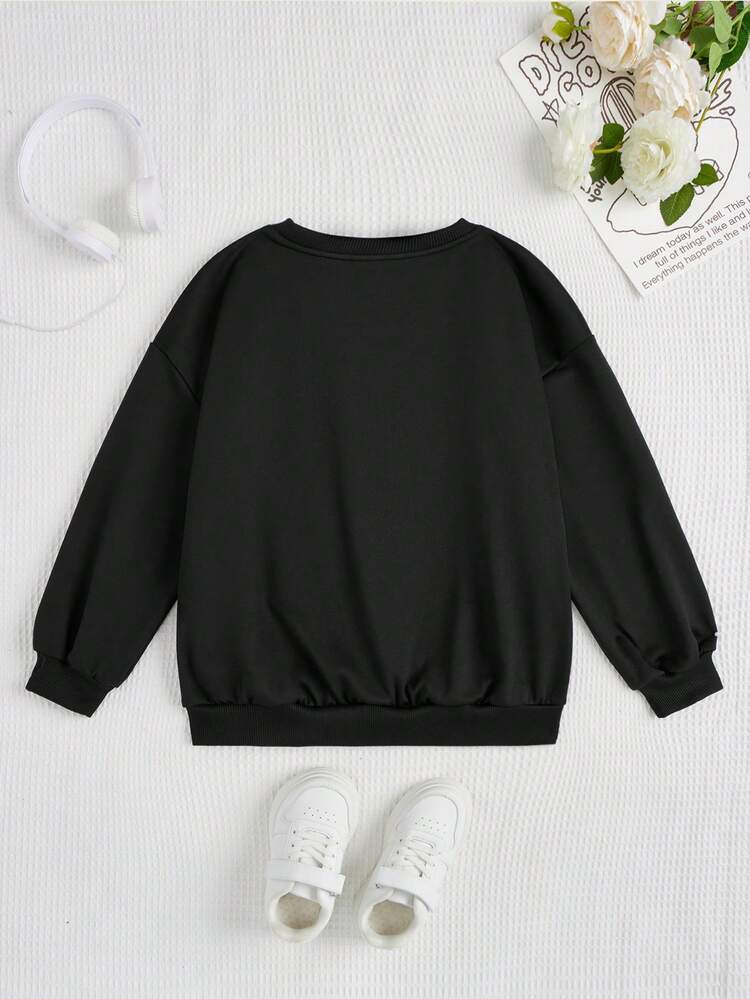 Tween Girl Slogan & Figure Graphic Drop Shoulder Pullover