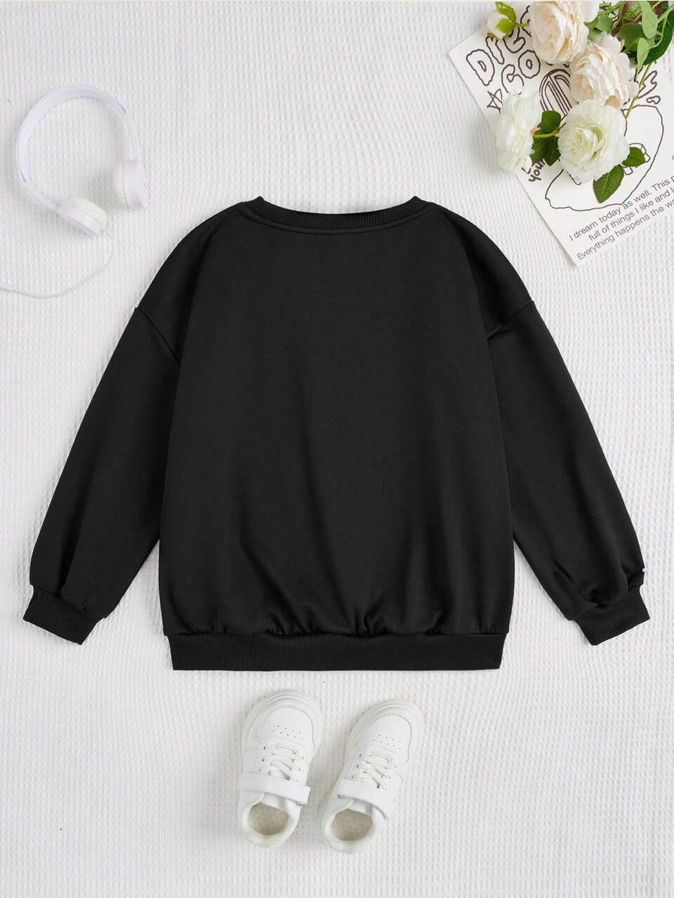 Tween Girl Slogan & Figure Graphic Drop Shoulder Pullover