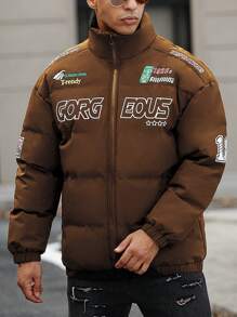 Manfinity LEGND Ultra-Loose Fit Men's Letter Printed Zipper Padded Coat - Coffee Brown - View 1
