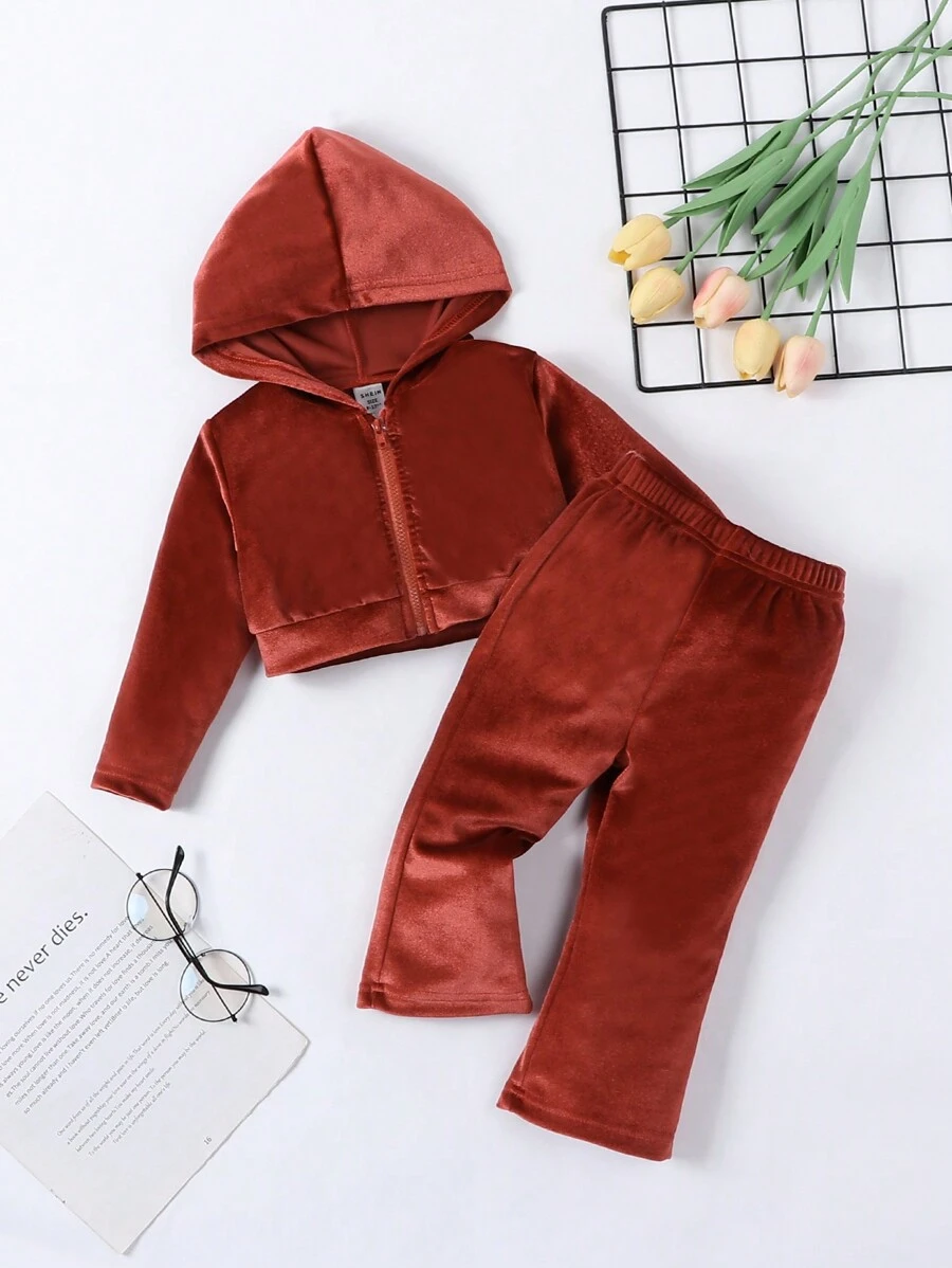Baby Girl Zip Up Hooded Jacket & Pants - Rust Brown - View 1
