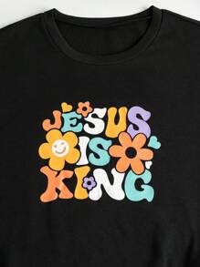Flirla Plus Floral & Slogan Graphic Thermal Sweatshirt - Black - View 4