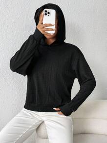SHEIN Essnce 1pc Solid Drop Shoulder Hoodie - Black and White - View 5