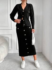 EURMUSE 實色鈕扣裝飾修身針織毛衣2入組