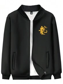 Men Chinese Dragon Graphic Zip Up Bomber Jacket - Black - View 8