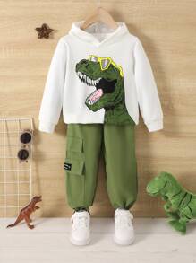 Chàng trai trẻ In Khủng long Hoodie & Thư được vá Túi có nắp Quần - màu xanh lá - Xem 1