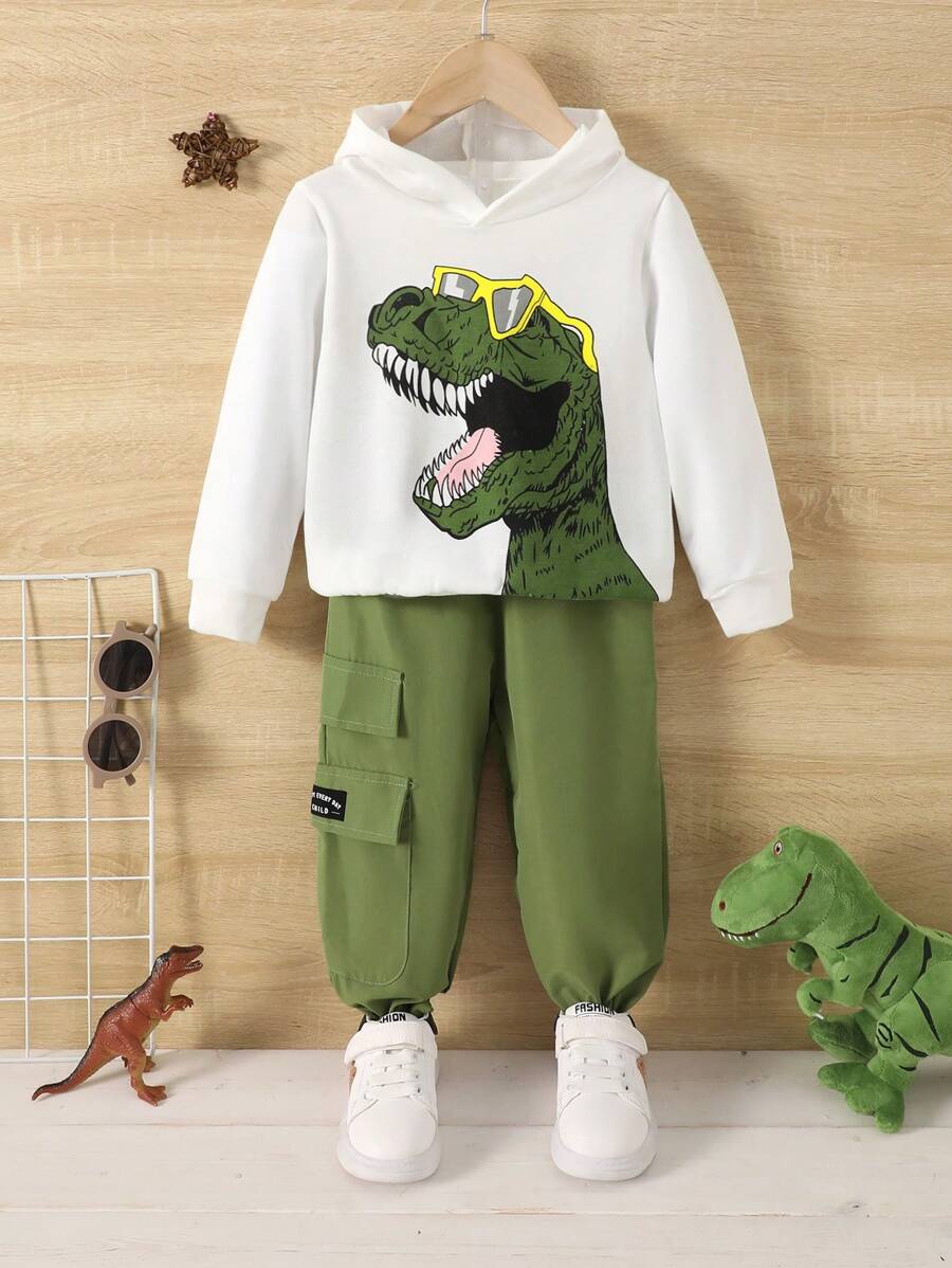 Chàng trai trẻ In Khủng long Hoodie & Thư được vá Túi có nắp Quần - màu xanh lá - Xem 1