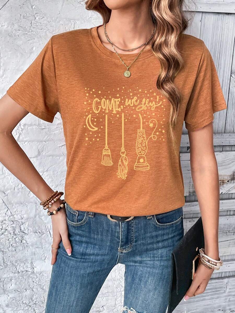 SHEIN EZwear Mặt trăng & Đồ họa Chữ cái Áo thun - màu nâu - Xem 1