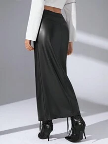 SHEIN Essnce Zip Up Split Thigh Leather Look Skirt - Black - View 2