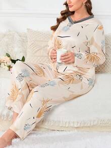 Plus Plants 印花撞色边饰睡衣套装/睡衣套装 - 黃色 - 查看 3