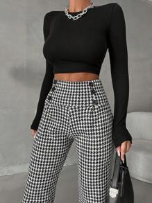 SHEIN Cottnline Women's Houndstooth Pattern Button Detail Straight Leg Pants - Black and White - View 5