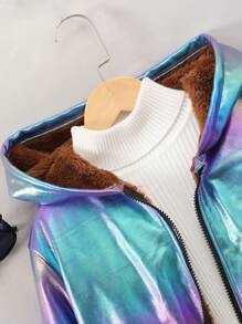 SHEIN Adolescent Garçon Holographique Zippé À Doublure Thermique Manteau À Capuche & Sac Sans Sweat-Shirt