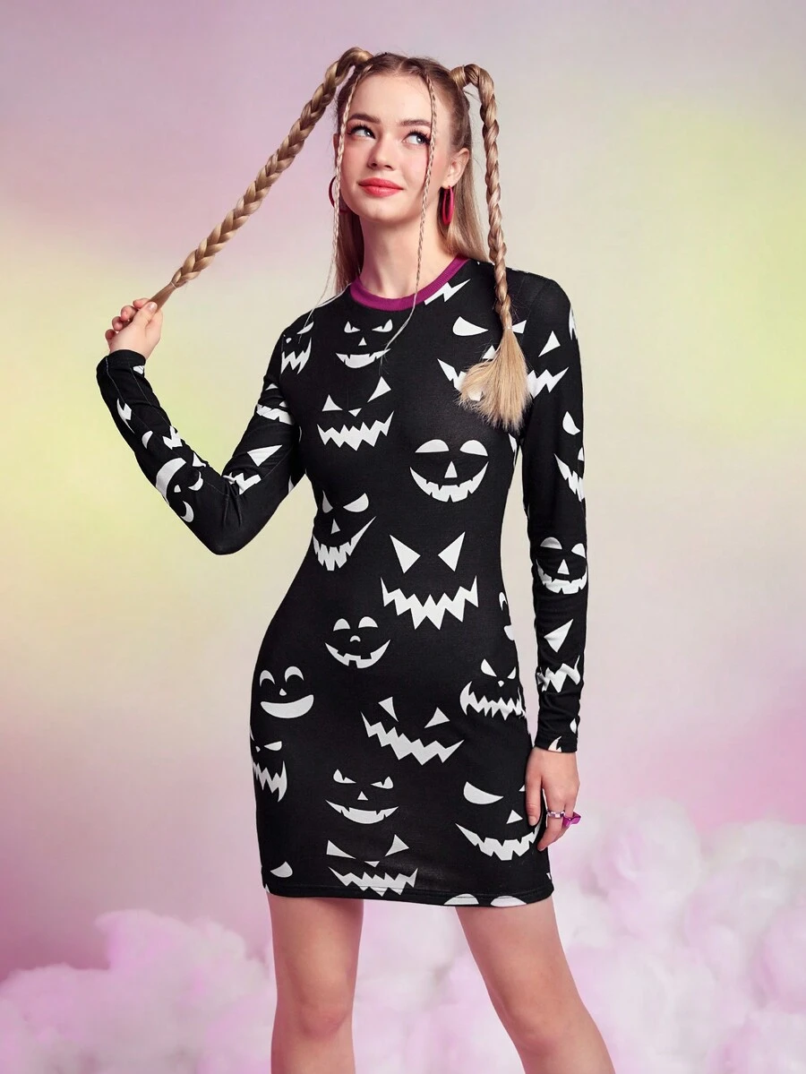 SHEINNeu Cartoon Graphic Bodycon Dress - Black and White - View 1