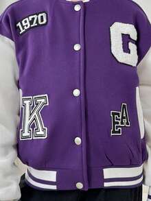 SHEIN Tween Girl Letter Patched Detail Striped Trim Drop Shoulder Varsity Jacket - Multicolor - View 3