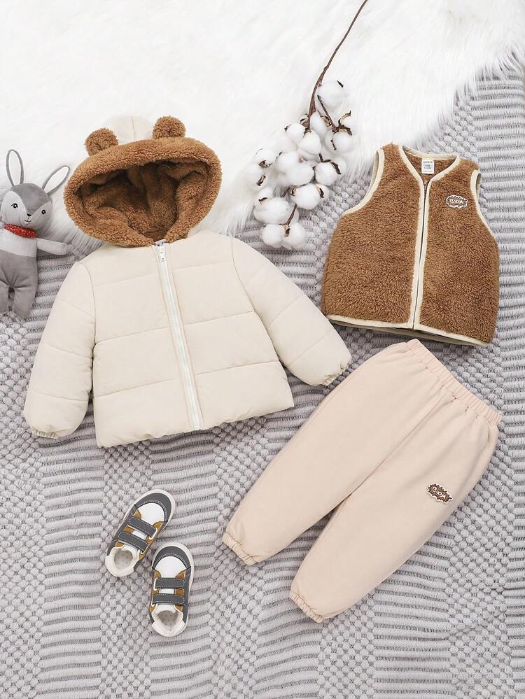 Baby Boy Teddy Lined 3D Ears Design Hooded Coat & Vest Jacket & Letter Graphic Pants