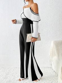 SHEIN Privé Mono de pierna ancha de dos tonos de hombros descubiertos unido en contraste - Blanco y Negro - Ver 4