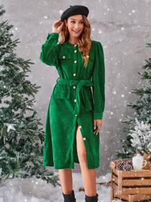 GENKIRA Hemdkleid mit Klappe Detail, Gürtel, - Grün - Übersicht 3