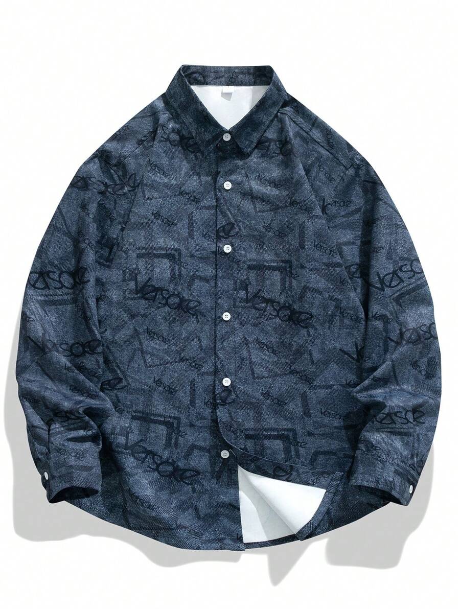 男士滿版印花前排扣襯衫式夾克