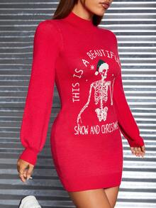 SHEIN PETITE Giáng sinh & Mẫu khẩu hiệu Cổ giả Váy len bó sát - Đỏ - Xem 6