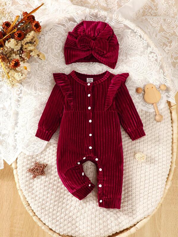 Baby Girls' Knitted Ribbed Plush Comfortable Warm Bodysuit + Stylish Hooded Hat, Autumn/Winter