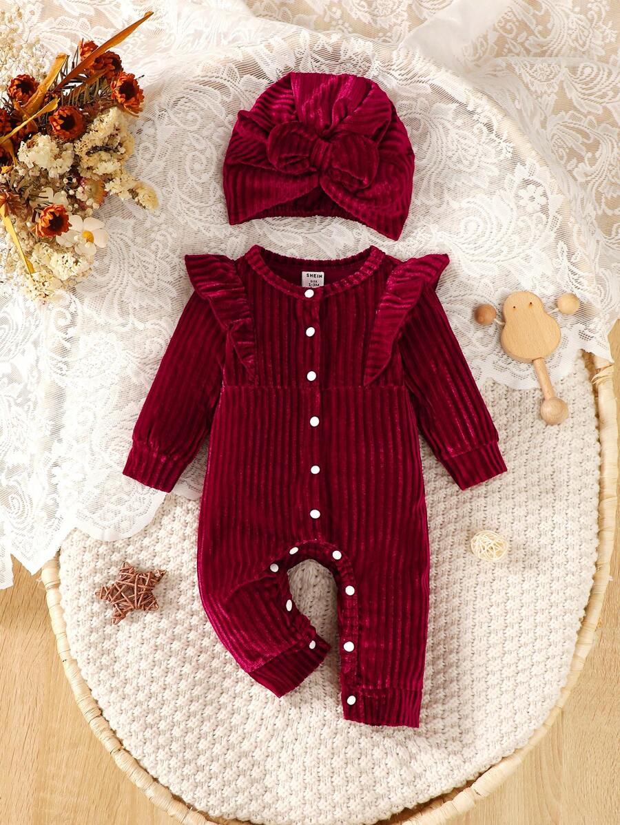 SHEIN Baby Girls' Knitted Ribbed Plush Comfortable Warm Jumpsuit + Stylish Hat, Autumn/Winter
