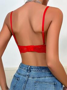 Floral Lace Scallop Trim Underwire Bra - Red - View 2