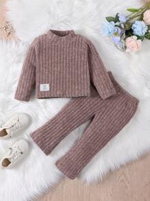 SHEIN 女嬰字母補丁細節小高領T恤&喇叭褲 - 藕粉色 - 查看 1