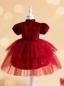 Young Girl Puff Sleeve Mesh Hem Party Dress - Burgundy - View 2