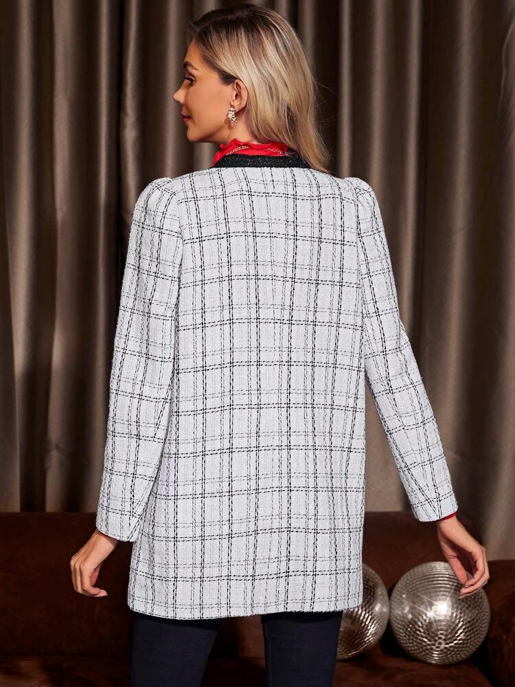 Plaid Contrast Trim Open Front Tweed Overcoat