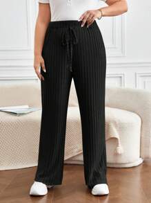 SHEIN Frenchy Plus Knot Waist Ribbed Knit Straight Leg Pants - Black - View 1