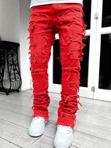 Teen Boy Ripped Frayed Jeans - Red - View 1