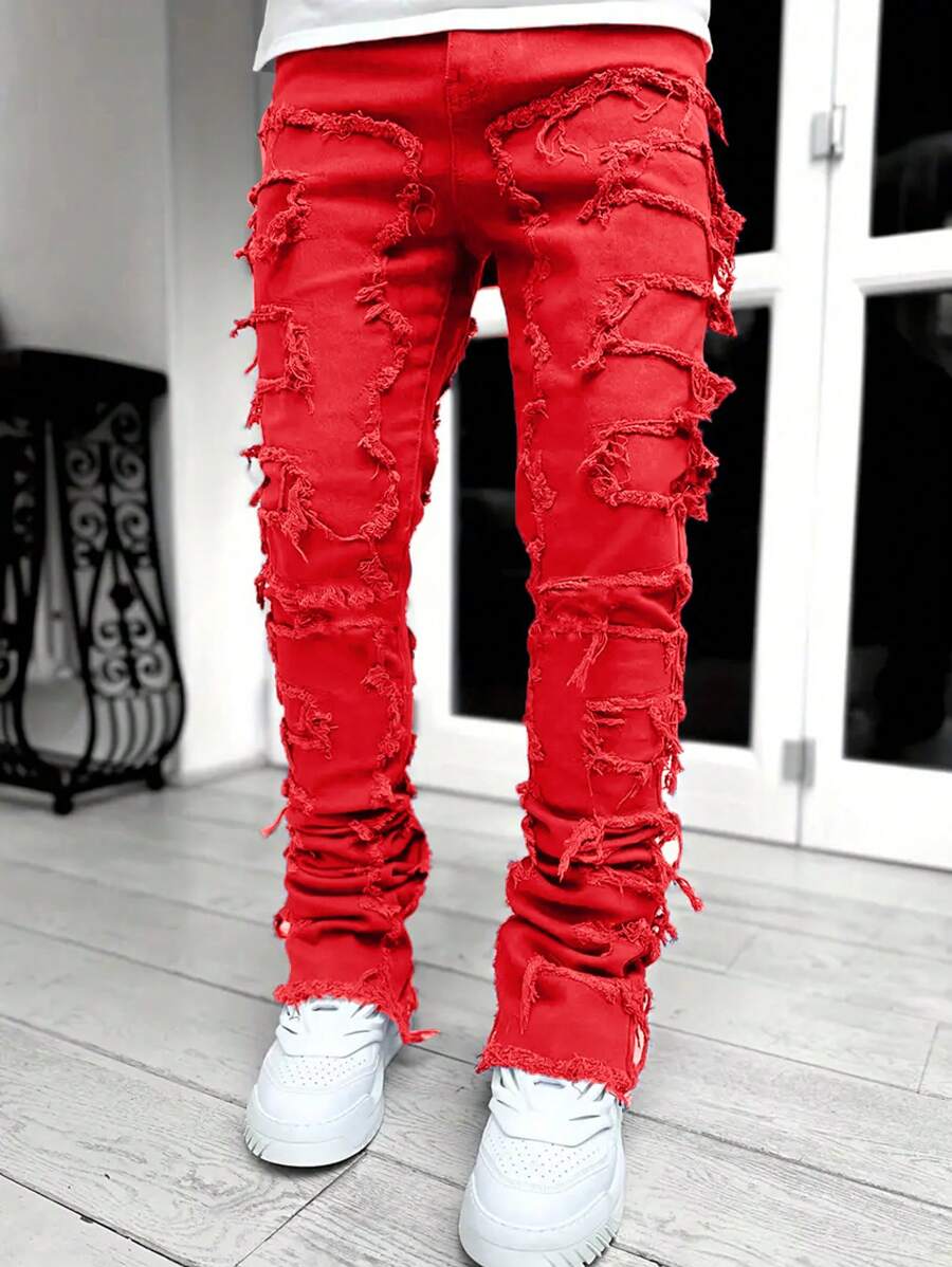 Teen Boy Ripped Frayed Jeans - Red - View 1