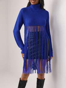 MAY‘G Designer Fringe Hem Turtleneck Sweater, For Holiday - Royal Blue - View 6
