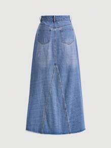 SHEIN MOD Floral Embroidery Raw Trim Denim Skirt - Light Wash - View 2