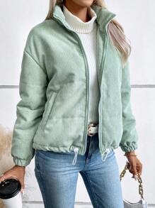 SHEIN LUNE Abrigo con capucha de pana acolchado y bajo con cordón, ropa de invierno - Verde - Ver 5