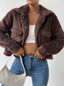 SHEIN Essnce Cazadora con bolsillo con solapa de hombros caídos franela - Café integral - Ver 4