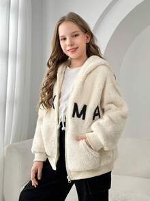 Tween Boy Letter & Bear Embroidery Drop Shoulder Hooded Flannel Jacket - Apricot - View 4