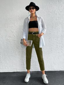 Cottnline High Waisted Tapered Jeans - Khaki - View 5