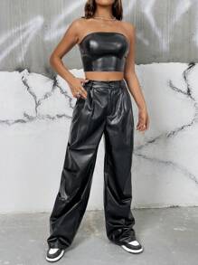 SHEIN EZwear PU Leather Tube Top & Wide Leg Pants - Black - View 5